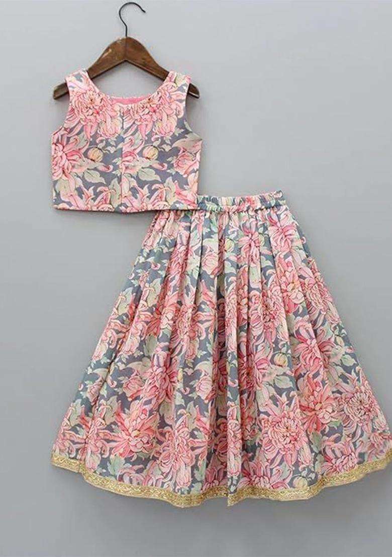 Peach Solid Silk Lehenga Set For Girls - Indya