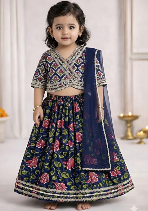 Blue Printed Cotton Lehenga Set For Girls — view on Indya