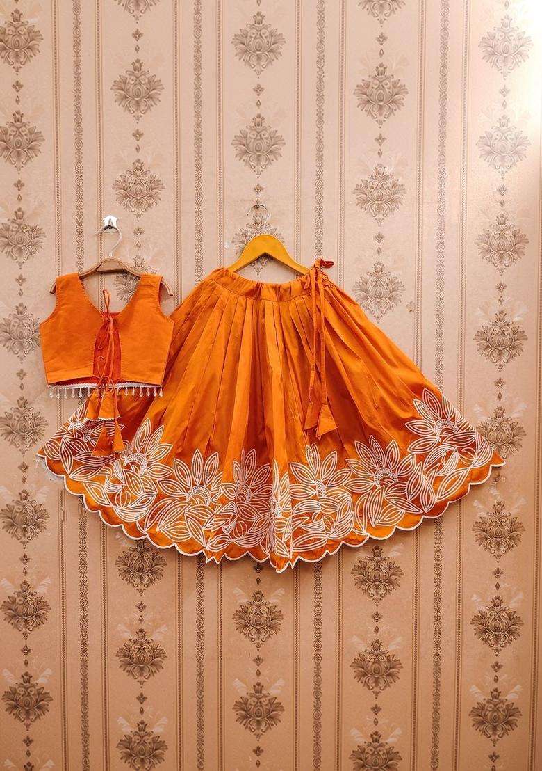 Orange Embroidered Silk Lehenga Set For Girls - Indya