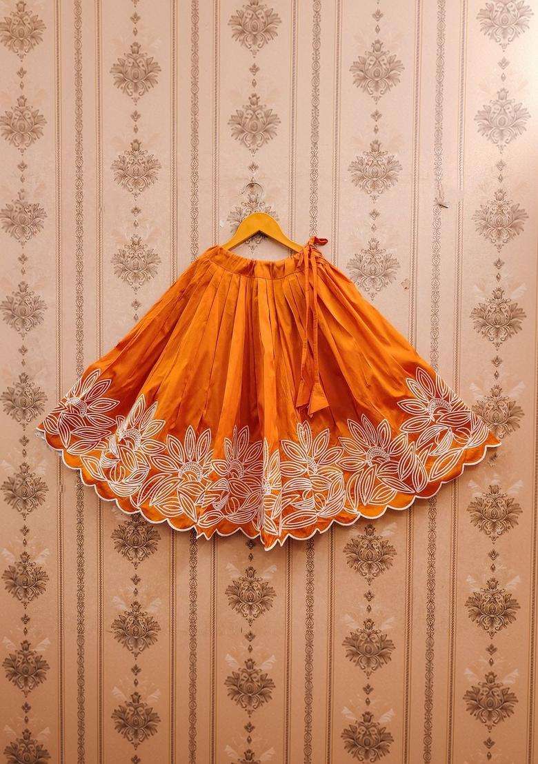 Orange Embroidered Silk Lehenga Set For Girls - Indya