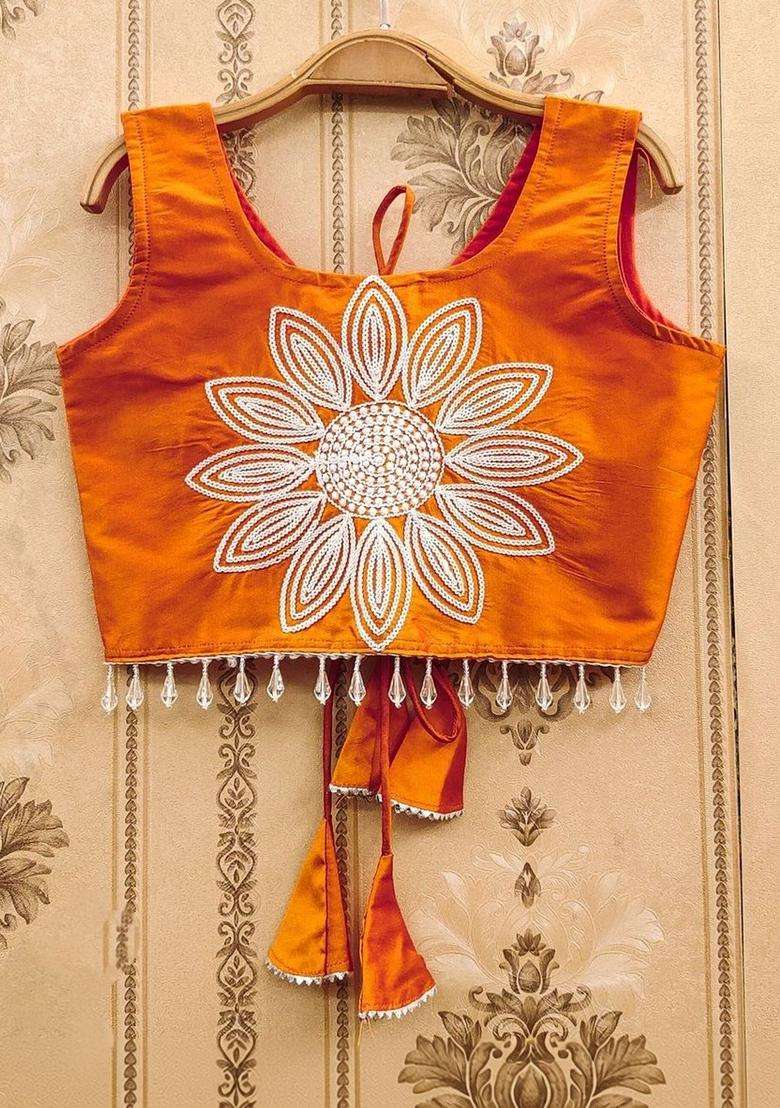 Orange Embroidered Silk Lehenga Set For Girls - Indya
