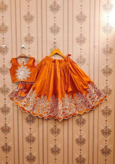 Orange Embroidered Silk Lehenga Set For Girls