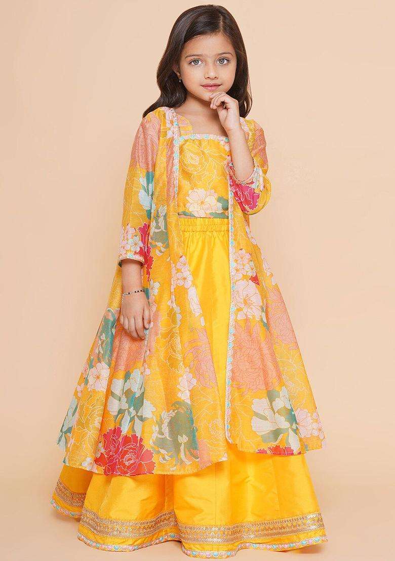 Yellow Printed Silk Lehenga Set For Girls - Indya