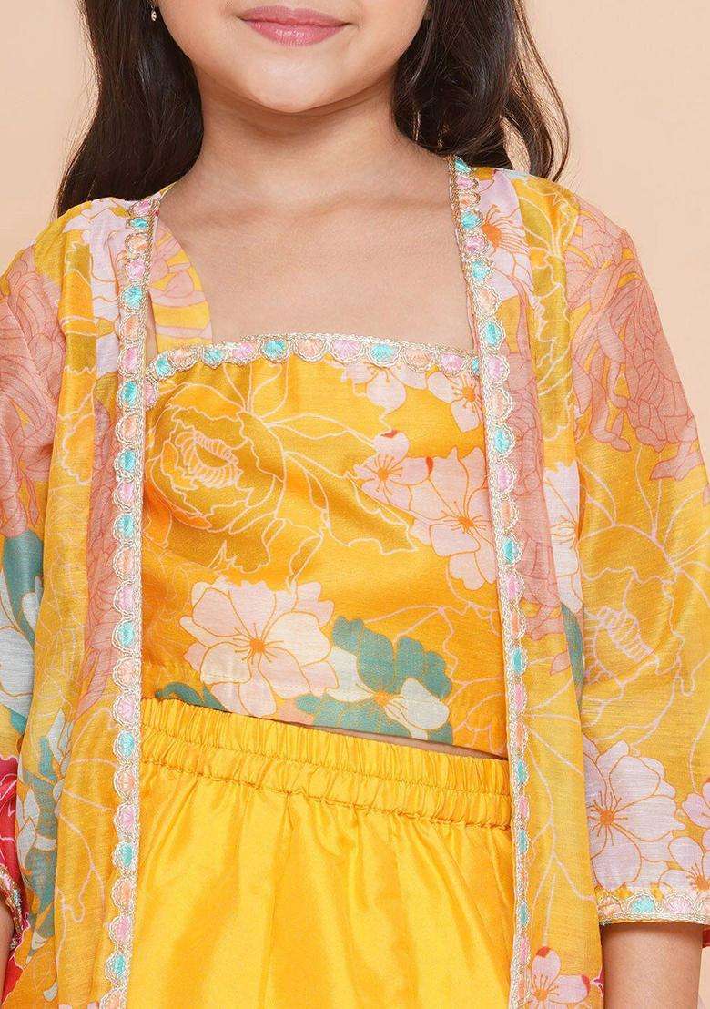 Yellow Printed Silk Lehenga Set For Girls - Indya