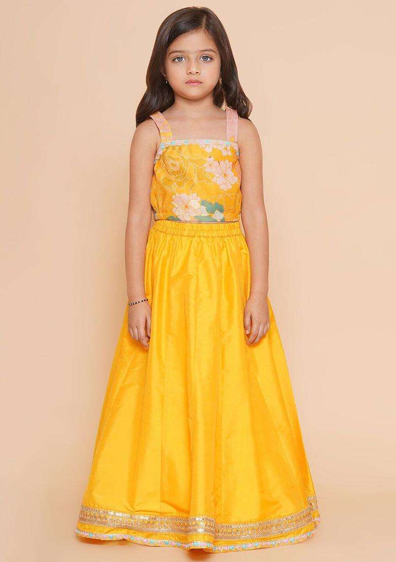 Yellow Printed Silk Lehenga Set For Girls - Indya