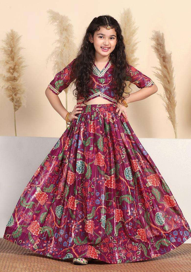 Maroon Printed Georgette Lehenga Set For Girls - Indya