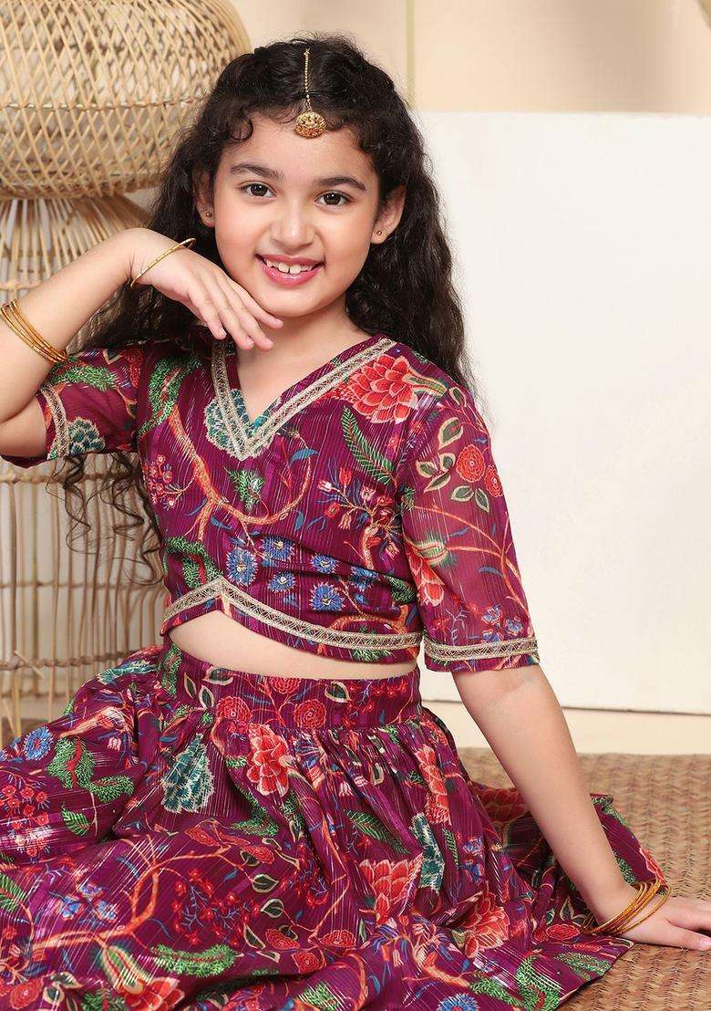 Maroon Printed Georgette Lehenga Set For Girls - Indya