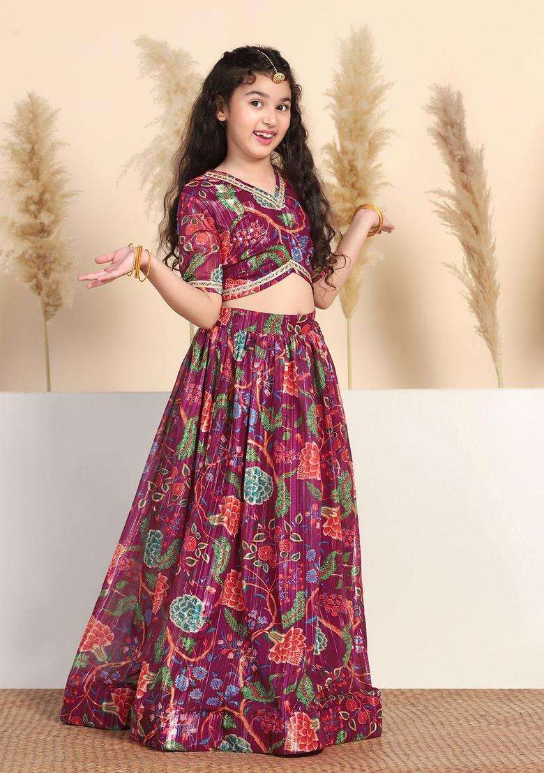 Maroon Printed Georgette Lehenga Set For Girls - Indya
