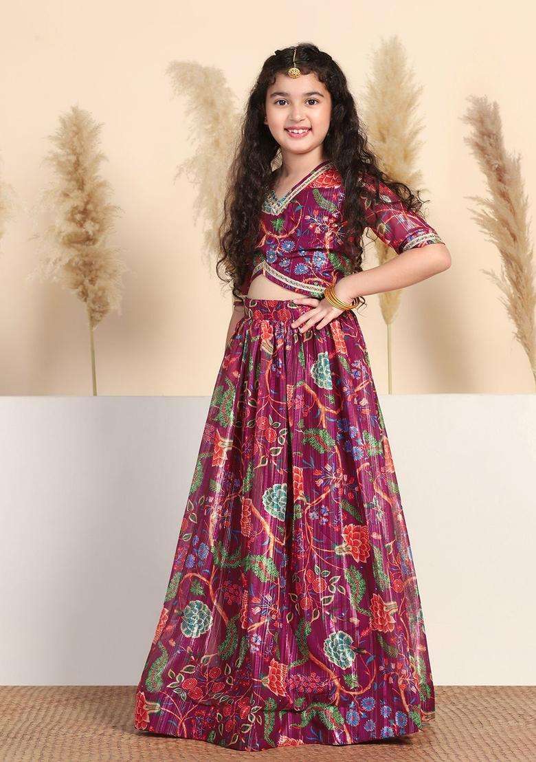 Maroon Printed Georgette Lehenga Set For Girls - Indya