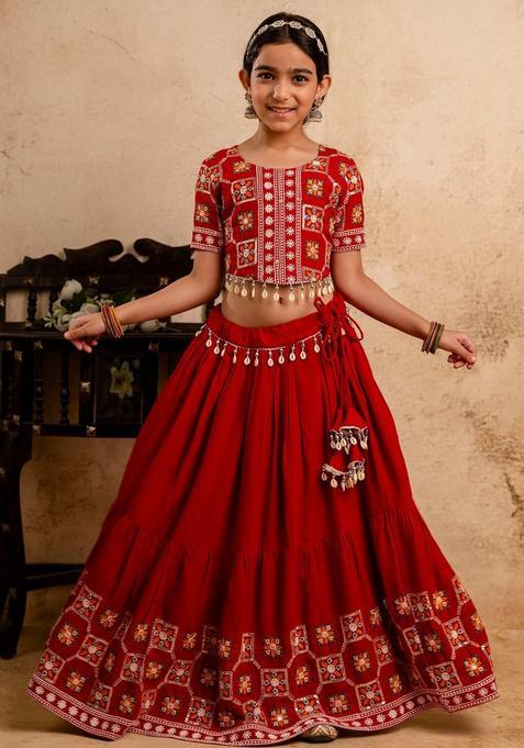 Maroon Embroidered Cotton Lehenga Set For Girls — view on Indya