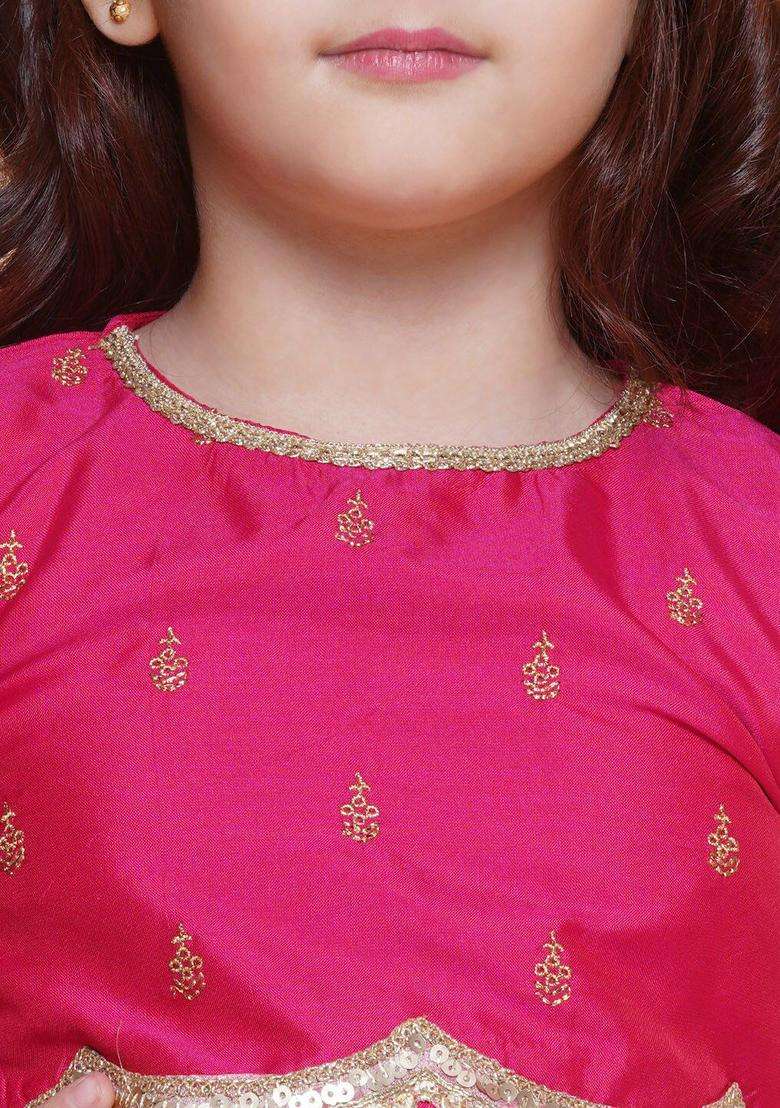 Peach Embroidered Cotton Lehenga Set For Girls - Indya