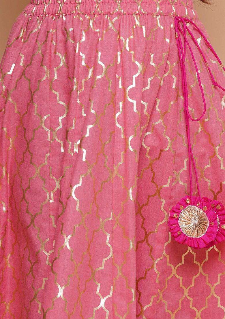 Peach Embroidered Cotton Lehenga Set For Girls - Indya