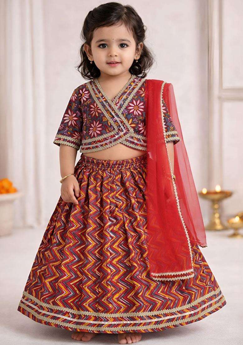 Multi Printed Cotton Lehenga Set For Girls - Indya