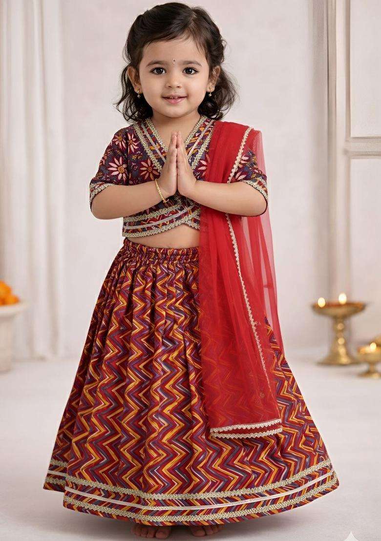 Multi Printed Cotton Lehenga Set For Girls - Indya