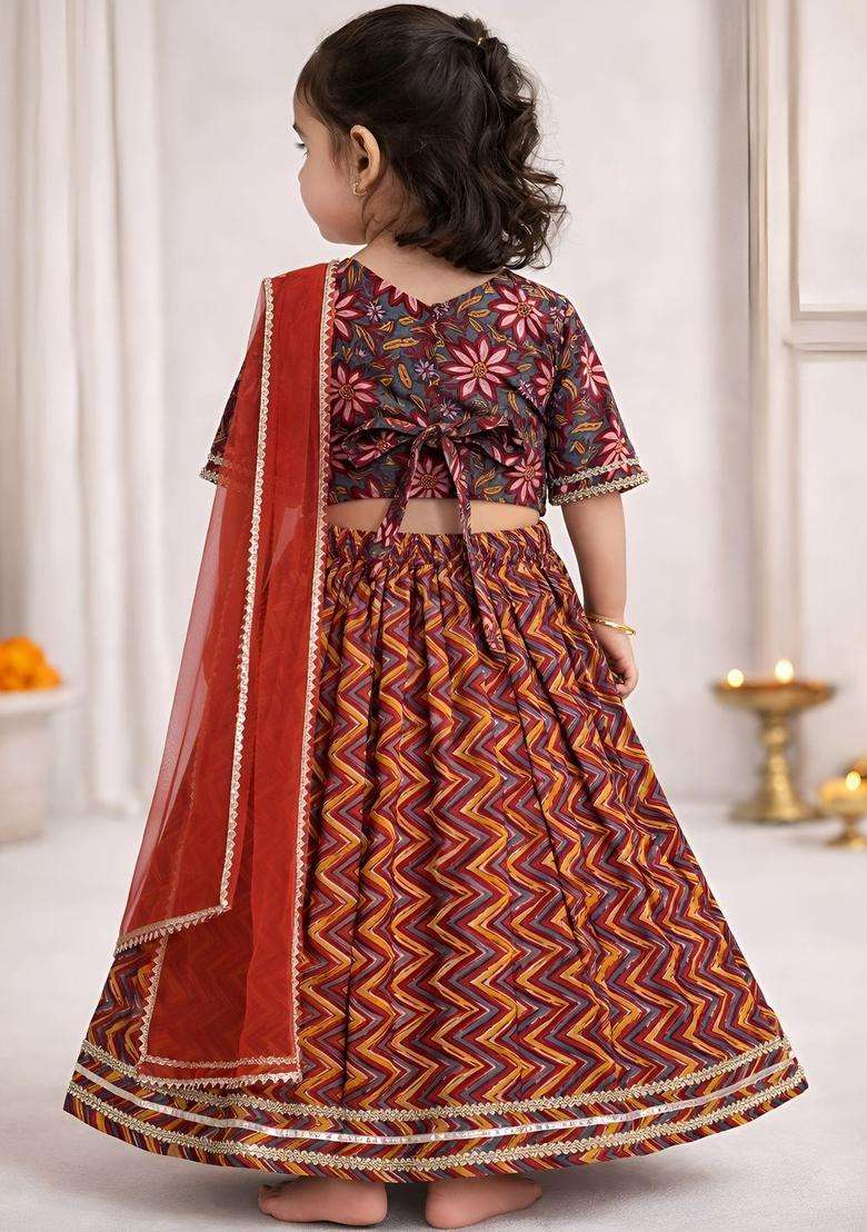 Multi Printed Cotton Lehenga Set For Girls - Indya