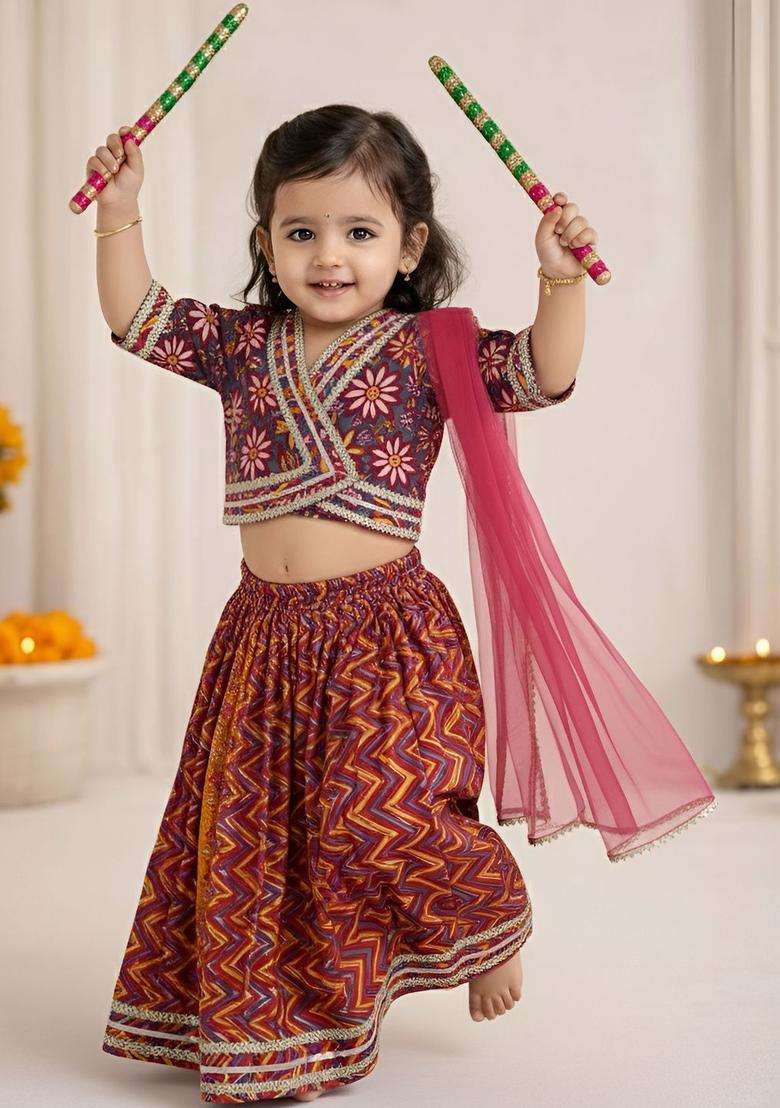 Multi Printed Cotton Lehenga Set For Girls - Indya