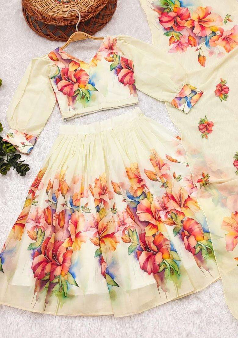 Yellow Printed Georgette Lehenga Set For Girls - Indya