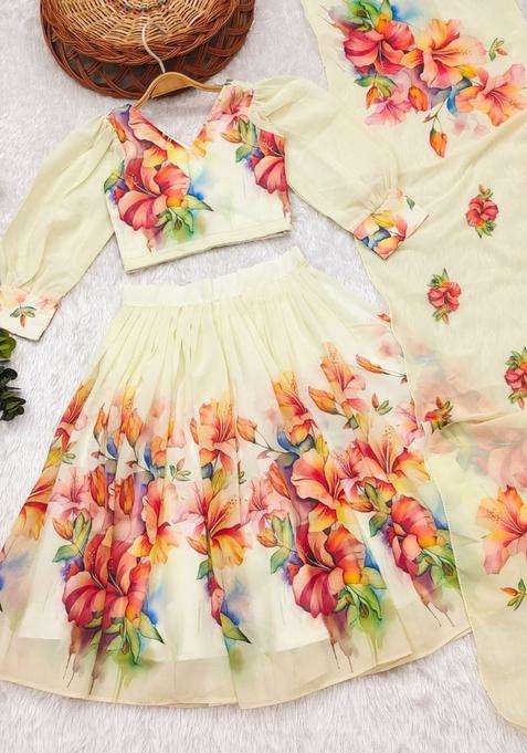Yellow Printed Georgette Lehenga Set For Girls