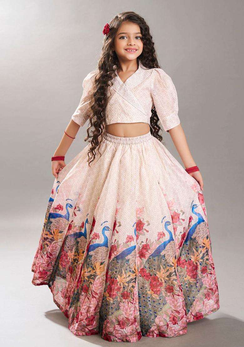 Beige Printed Silk Lehenga Set For Girls - Indya