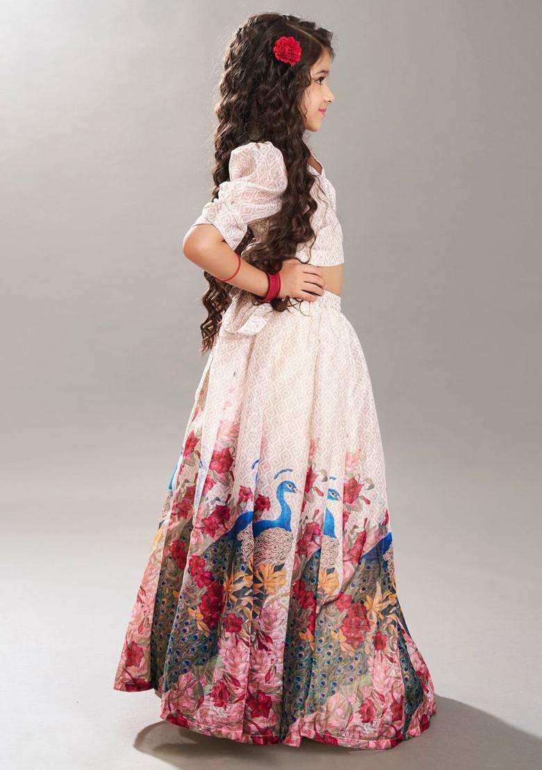 Beige Printed Silk Lehenga Set For Girls - Indya