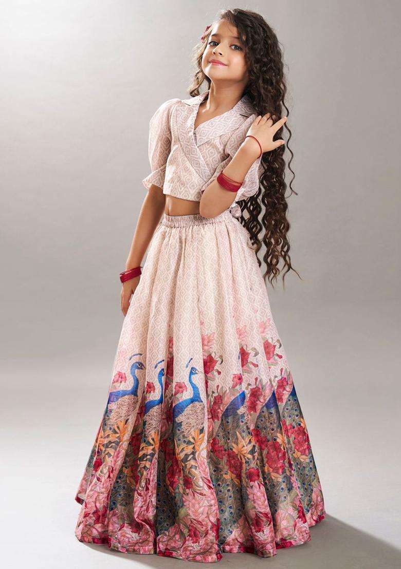 Beige Printed Silk Lehenga Set For Girls - Indya