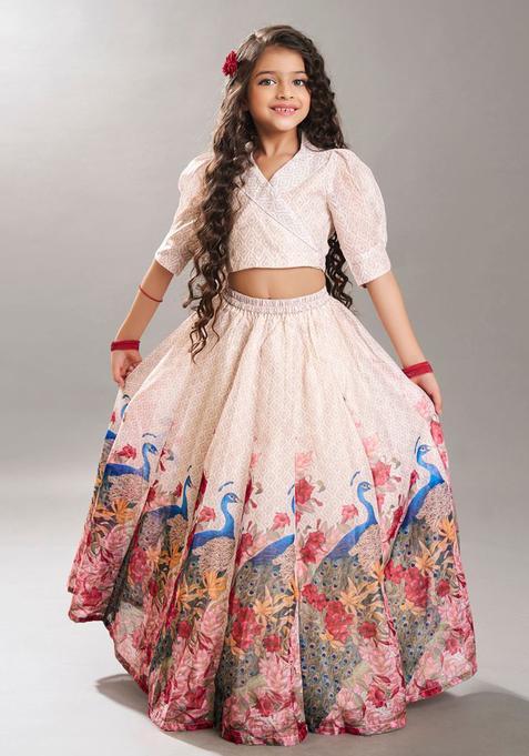 Beige Printed Silk Lehenga Set For Girls — view on Indya