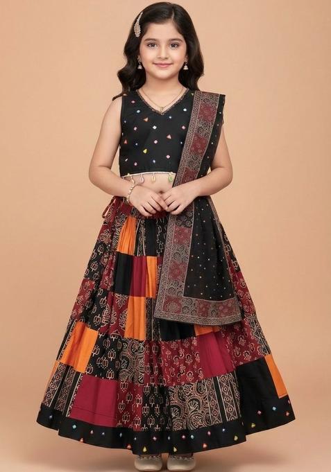 Black Printed Cotton Lehenga Set For Girls — view on Indya