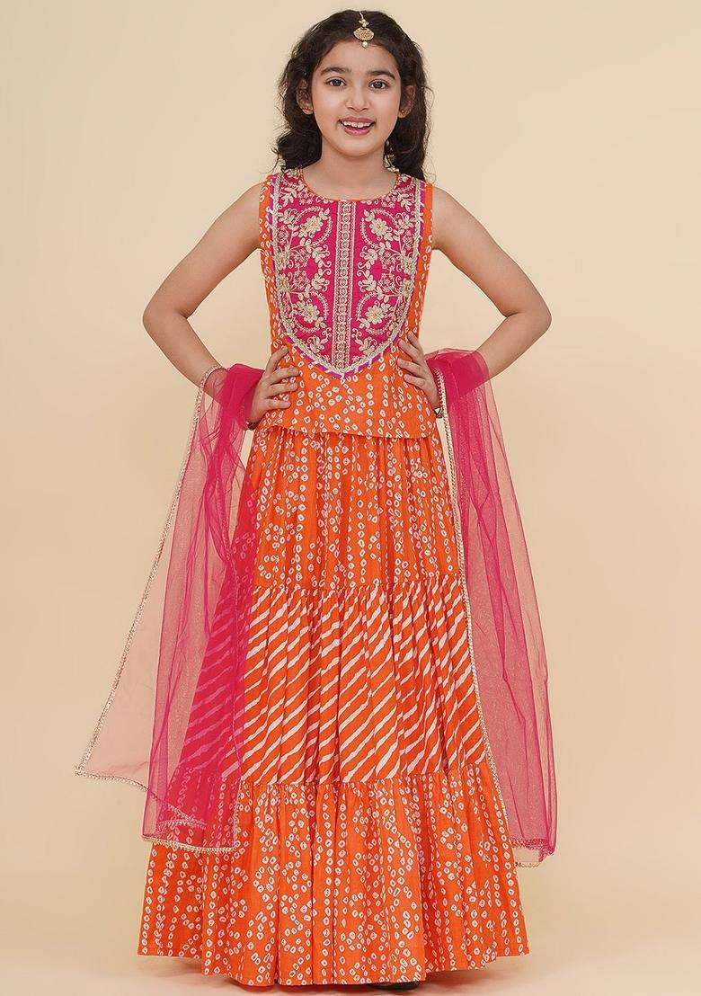 Orange Embroidered Cotton Lehenga Set For Girls - Indya
