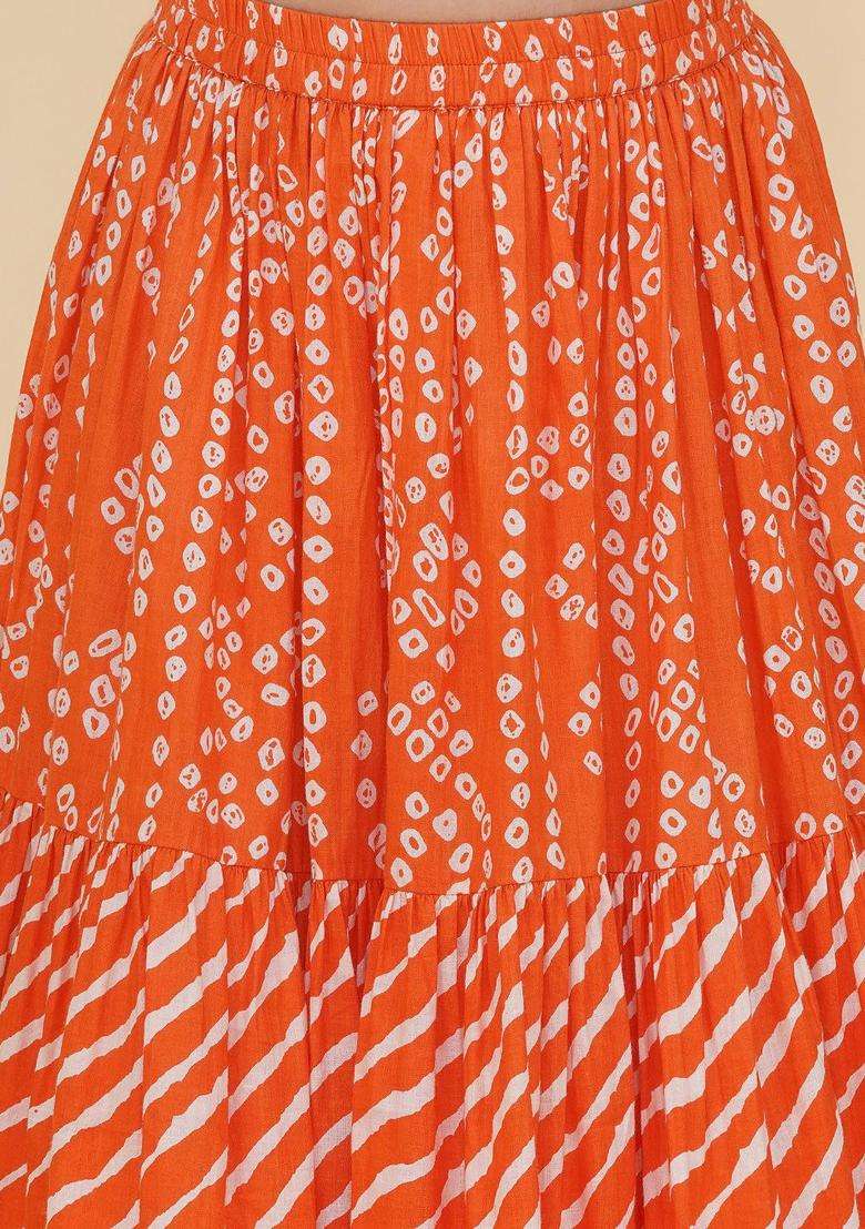 Orange Embroidered Cotton Lehenga Set For Girls - Indya