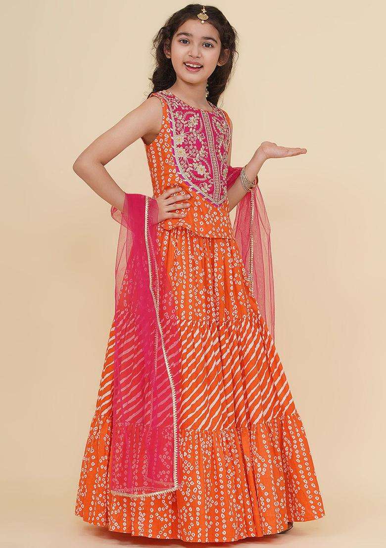 Orange Embroidered Cotton Lehenga Set For Girls - Indya