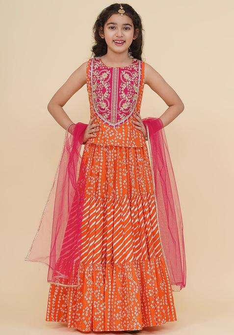 Orange Embroidered Cotton Lehenga Set For Girls