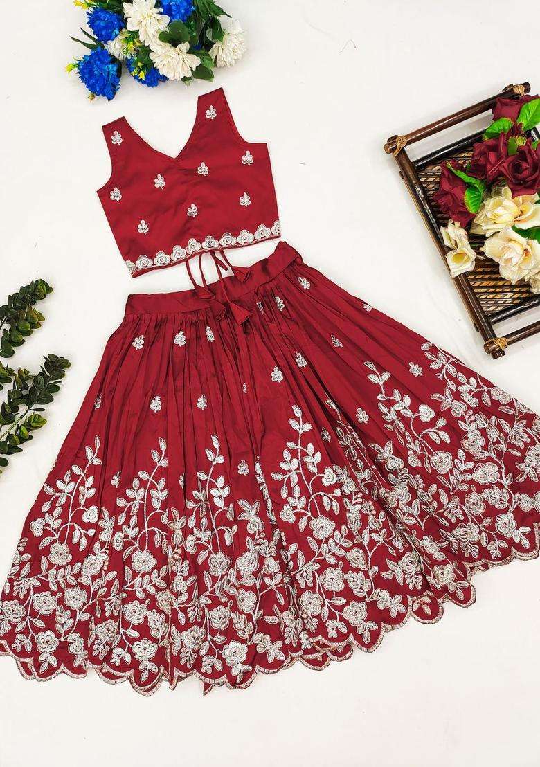 Maroon Embroidered Silk Lehenga Set For Girls - Indya