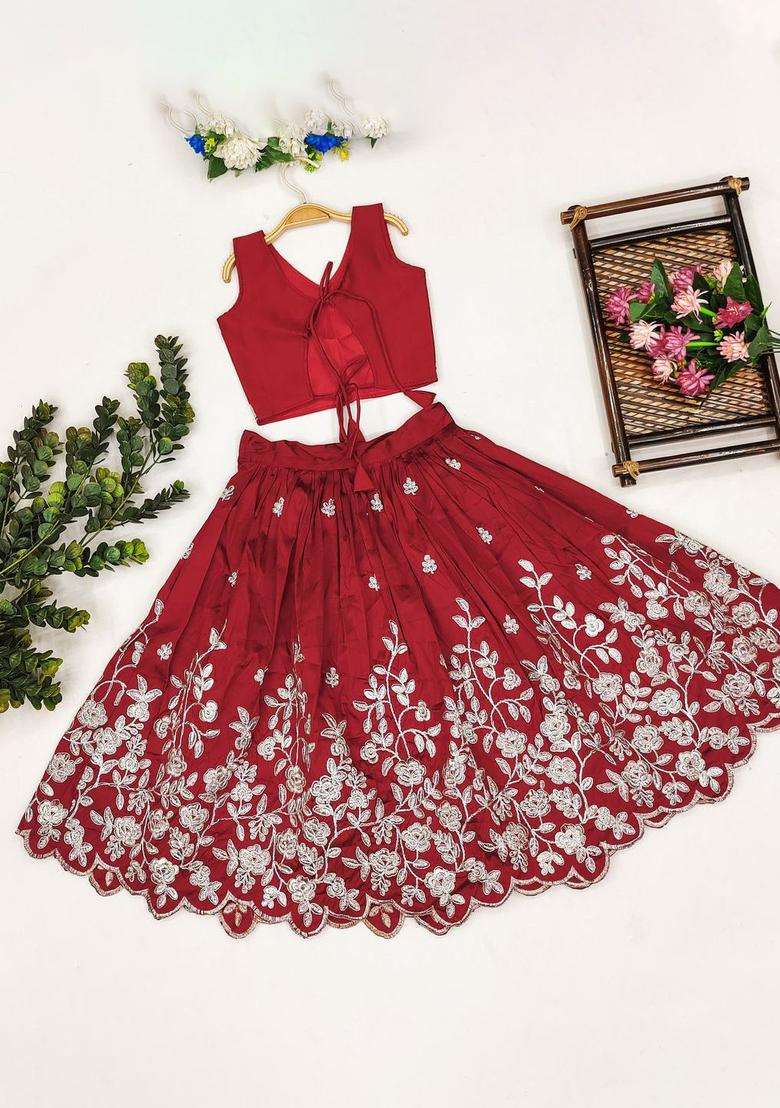 Maroon Embroidered Silk Lehenga Set For Girls - Indya