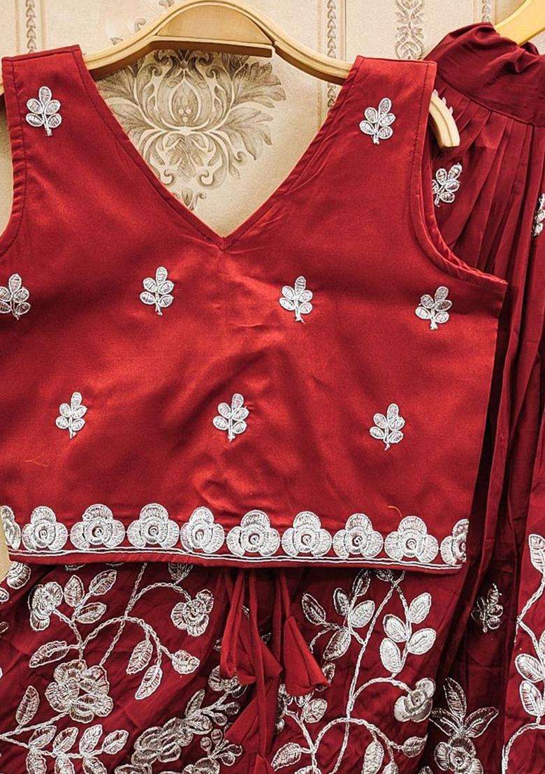 Maroon Embroidered Silk Lehenga Set For Girls - Indya