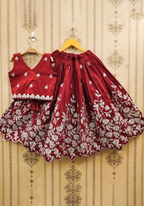 Maroon Embroidered Silk Lehenga Set For Girls — view on Indya