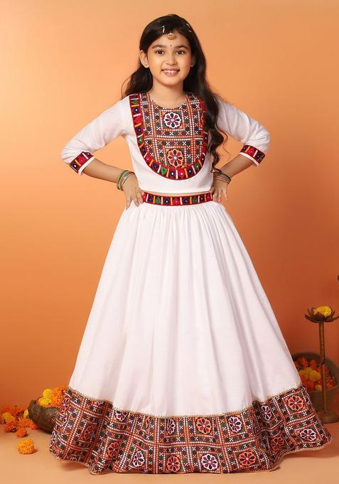 White Printed Cotton Lehenga Set For Girls — view on Indya