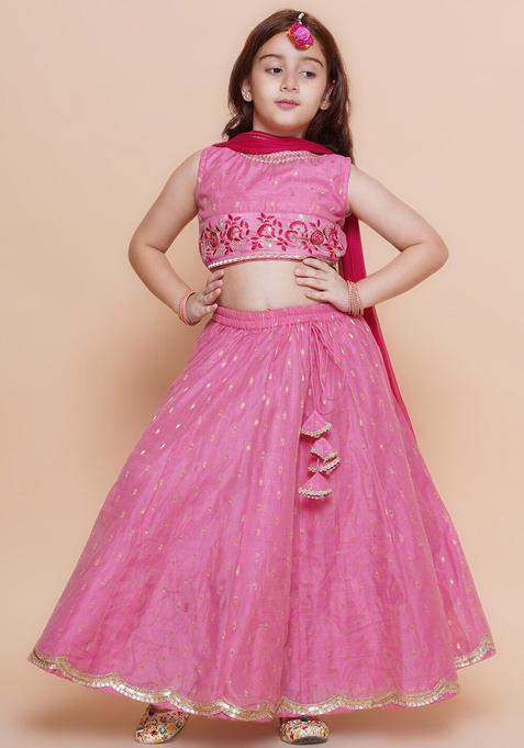 Pink Embroidered Silk Lehenga Set For Girls — view on Indya