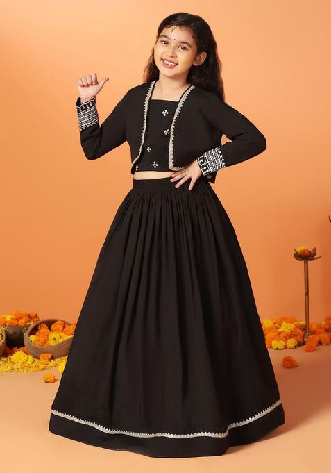 Black Embellished Silk Lehenga Set For Girls — view on Indya
