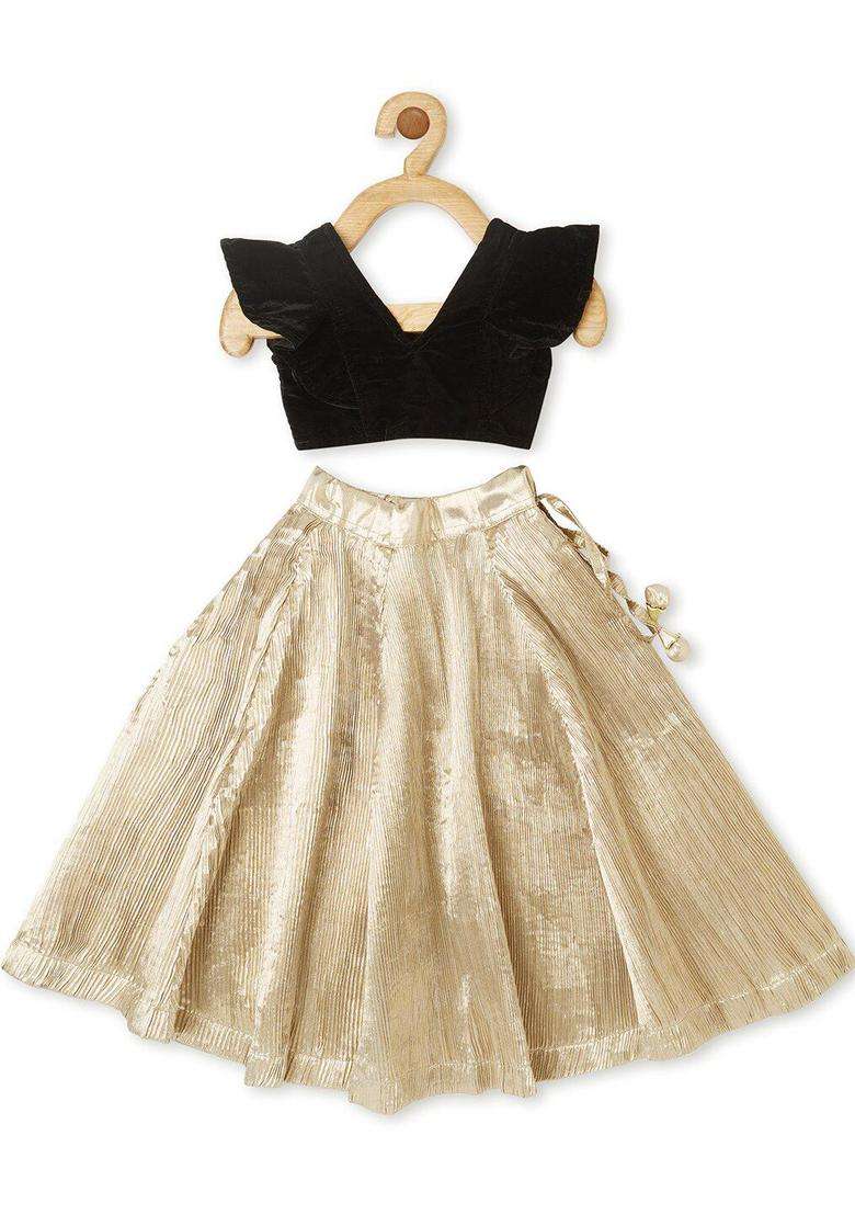 Gold Solid Silk Lehenga Set For Girls - Indya