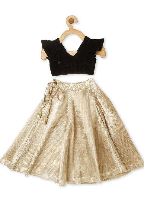 Gold Solid Silk Lehenga Set For Girls