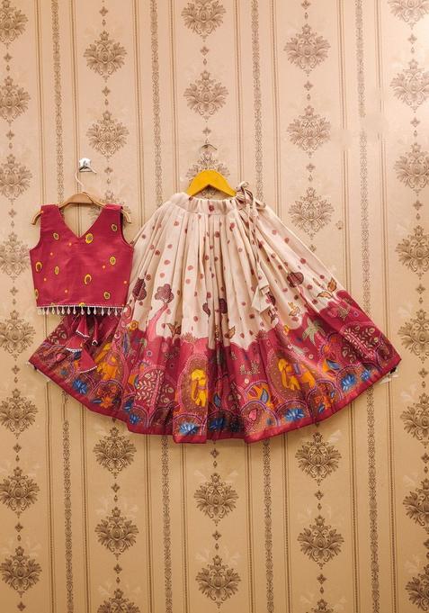 White Printed Silk Lehenga Set For Girls — view on Indya