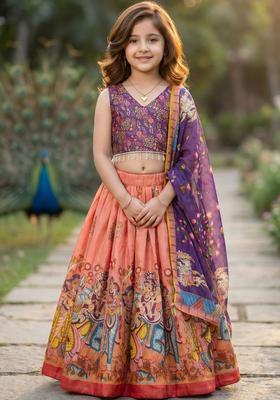 Peach Printed Silk Lehenga Set For Girls