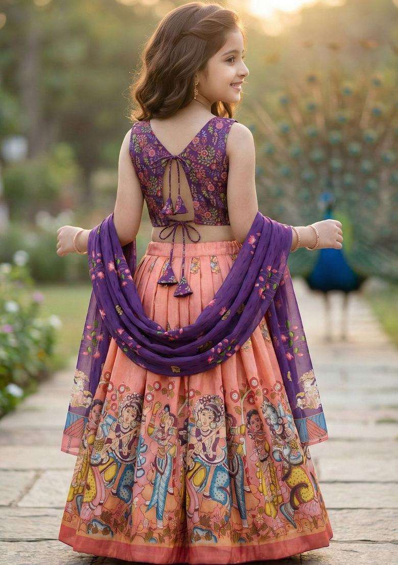 Peach Printed Silk Lehenga Set For Girls - Indya