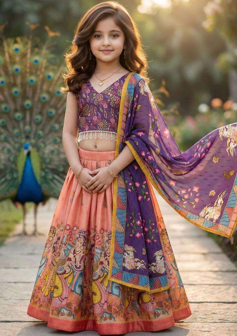 Peach Printed Silk Lehenga Set For Girls - Indya