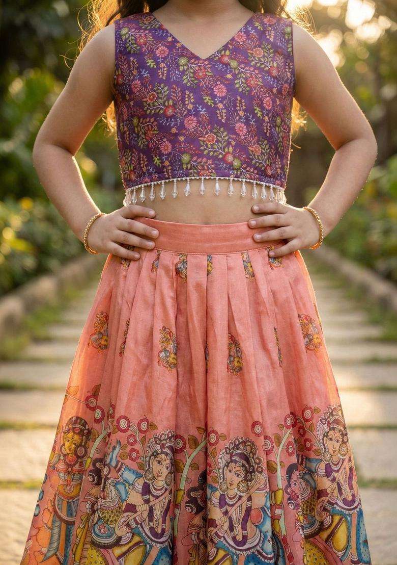 Peach Printed Silk Lehenga Set For Girls - Indya