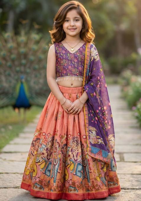 Peach Printed Silk Lehenga Set For Girls — view on Indya