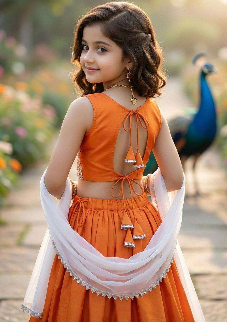 Orange Embellished Silk Lehenga Set For Girls - Indya