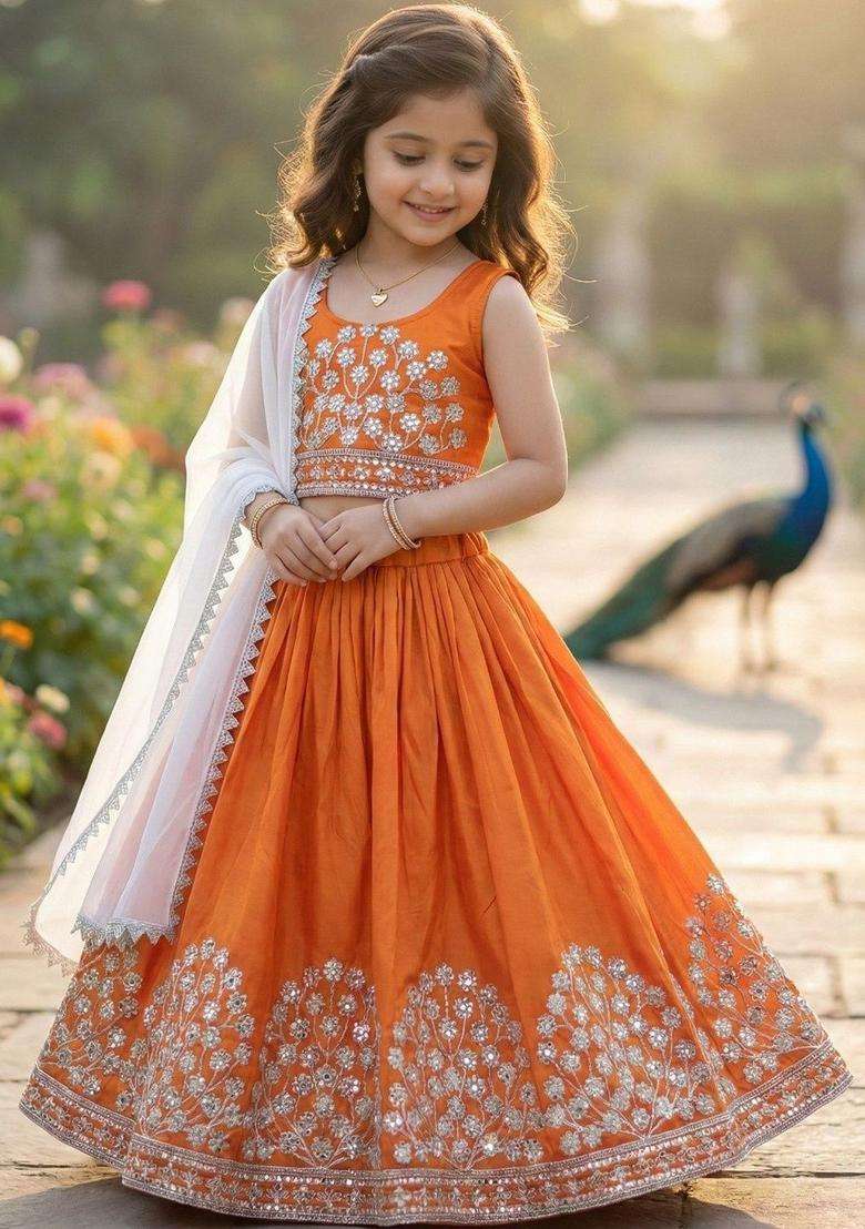 Orange Embellished Silk Lehenga Set For Girls - Indya