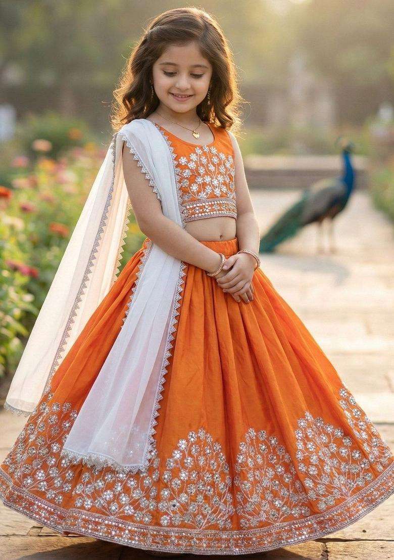 Orange Embellished Silk Lehenga Set For Girls - Indya