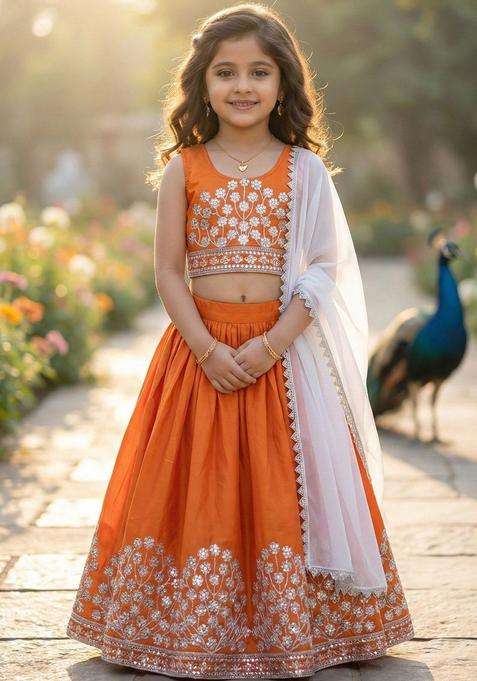 Orange Embellished Silk Lehenga Set For Girls